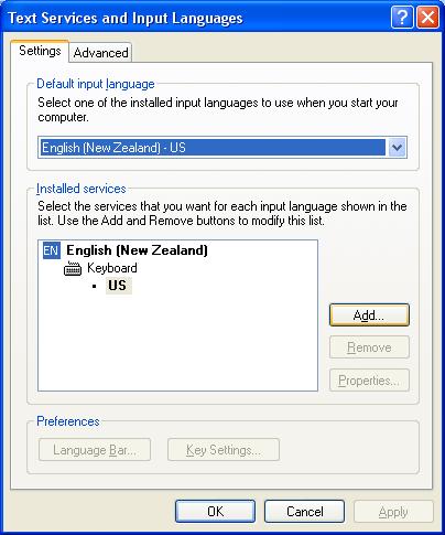 Windows XP Keyboard Configuration
